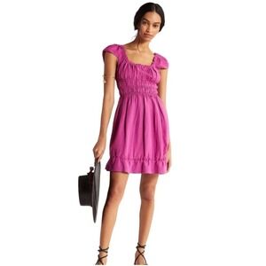 Anthropologie Womens Smocked-Waist Mini Dress Cap Sleeve Linen Raspberry Medium